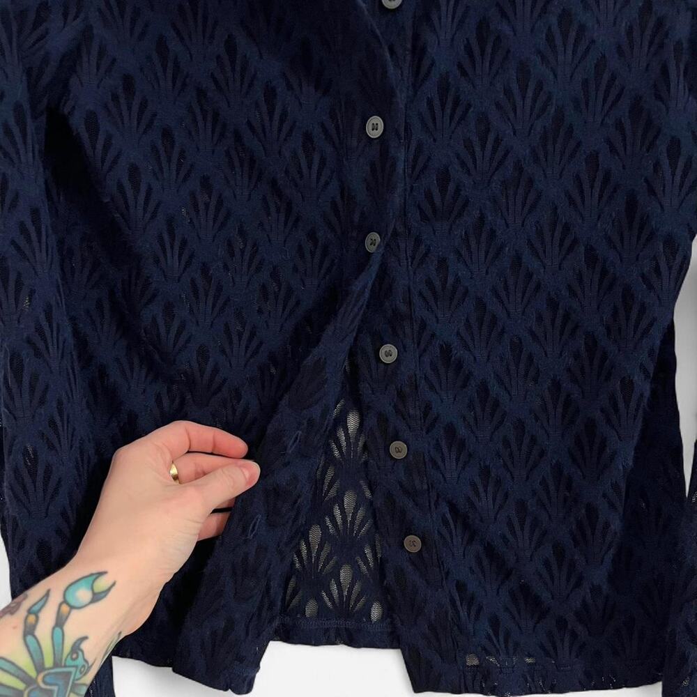 LOFT Textured Navy Sheer/Lace Button-Up Top - Picture 4 of 8